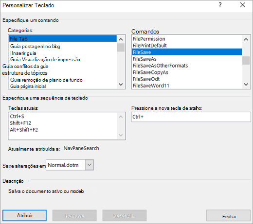 Criar um novo atalho de teclado na caixa de diálogo Personalizar Teclado
