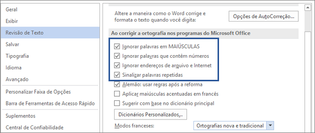 Opções para ignorar palavras durante a verificação ortográfica