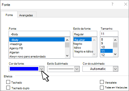 Cor do tipo de letra na caixa de diálogo tipo de letra