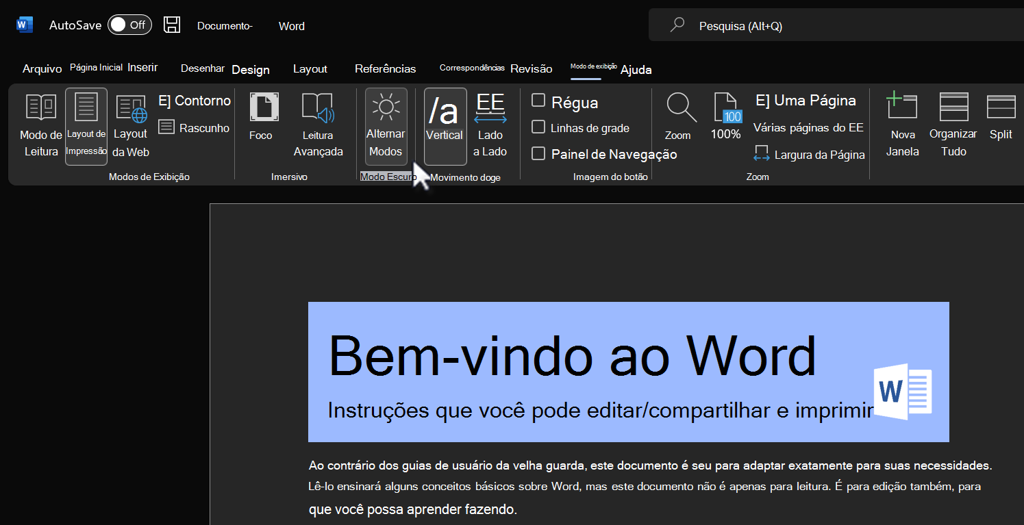 Alternar modos para o recurso modo Escuro.