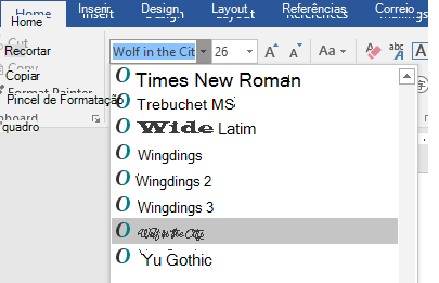 Sua nova fonte agora aparece na lista de fontes do Word.