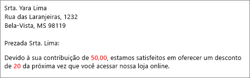 Documento de mesclagem de email que lê sua contribuição de 50.00 e oferece 20 descontos.