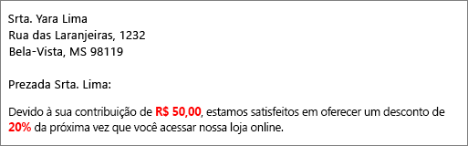 O documento de resultados da mesclagem de email lê sua contribuição de US$ 50,00 e oferece um desconto de 20%.