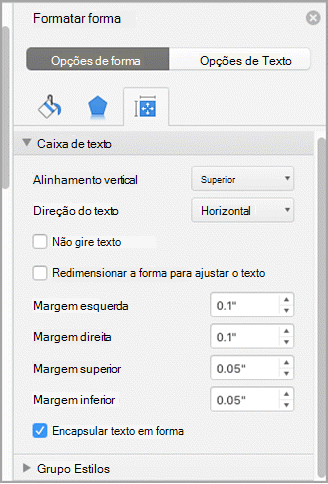 Captura de tela do painel Formatar