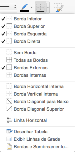 As opções de bordas são exibidas para o design da tabela