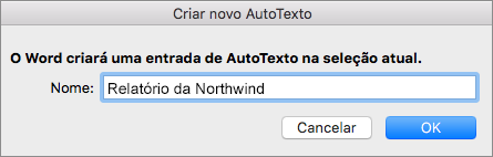 Caixa de diálogo Criar Novo AutoTexto