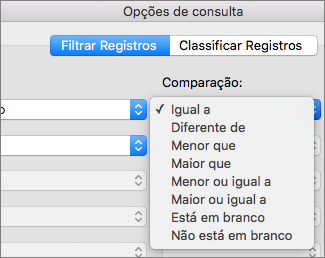 Clique nas opções de Comparação que você deseja definir