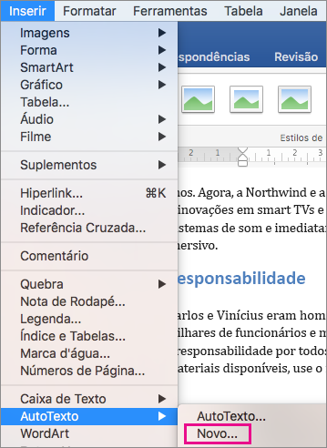 O menu Inserir com Texto Automático > Novo está realçado.