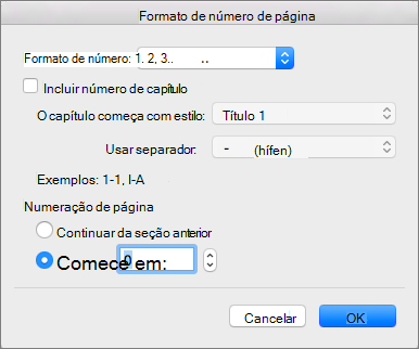 Selecione o estilo de numeração e o número inicial em Formatar Números de Página.