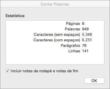 Caixa de diálogo Contagem de palavras