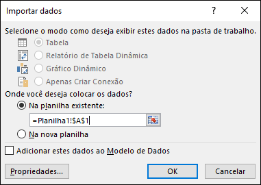 Na caixa de diálogo Importar Dados, escolha colocar os dados em uma planilha existente, a configuração padrão, ou em uma nova planilha