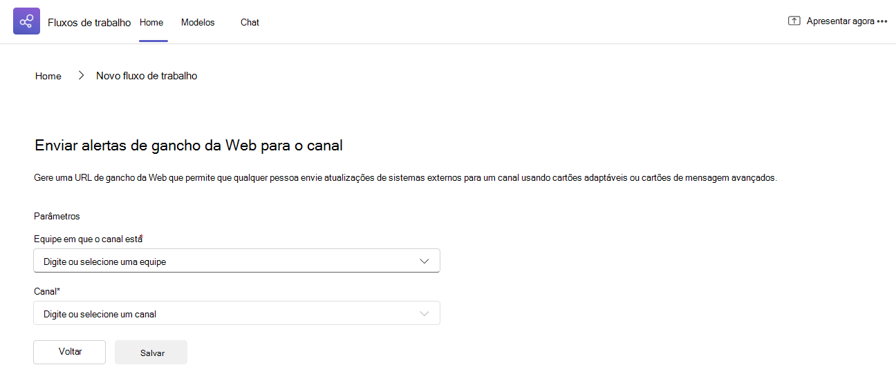 Modelo do Webhook para envio a um canal