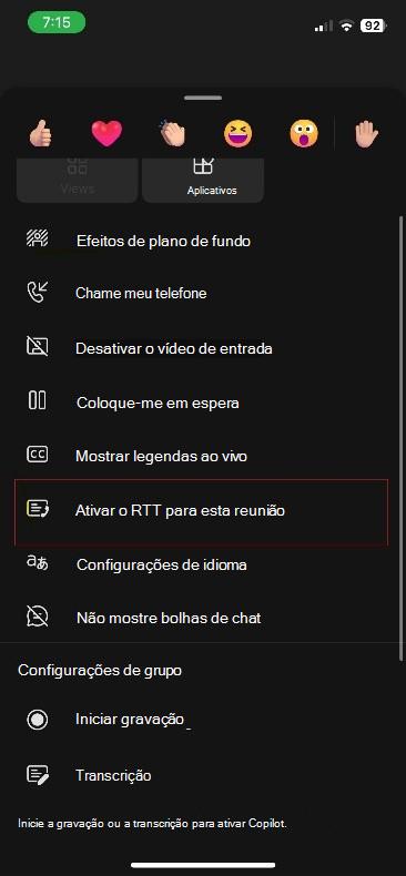 Mais ações para a reunião do Teams no iOS.
