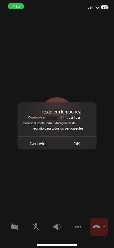 Janela de reunião do Teams com painel RTT na parte inferior do dispositivo iOS.