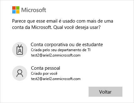 Tela de entrada com dois endereços de email