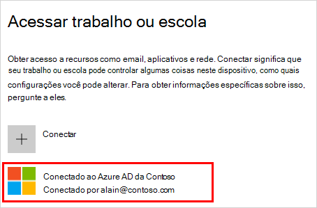 Captura de ecrã que mostra a janela Do Access escolar ou profissional com a conta de Azure AD Ligada a (a sua organização) selecionada