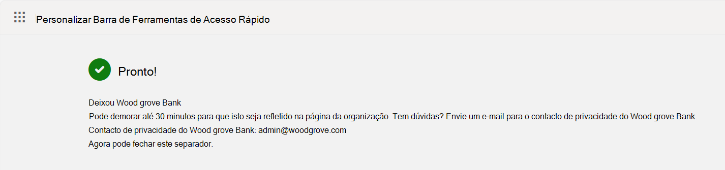 A captura de tela mostra a tela de confirmação Esquerda da Organização.