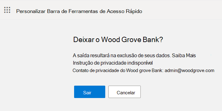 A captura de tela mostra o botão Sair e Cancelar no fluxo de saída.