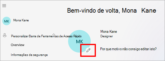 Captura de tela do portal Minha Conta mostrando os usuários foto de perfil, nome e várias opções de configurações de conta, como linguagem, fuso horário e configurações de privacidade. O ícone de edição fica visível no foto de perfil, indicando onde os usuários podem clicar para atualizar sua foto.