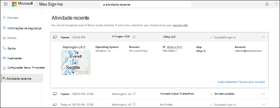 Captura de tela da opção Atividade Recente.