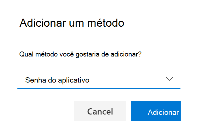 Caixa Adicionar método, com Senha de aplicativo selecionada