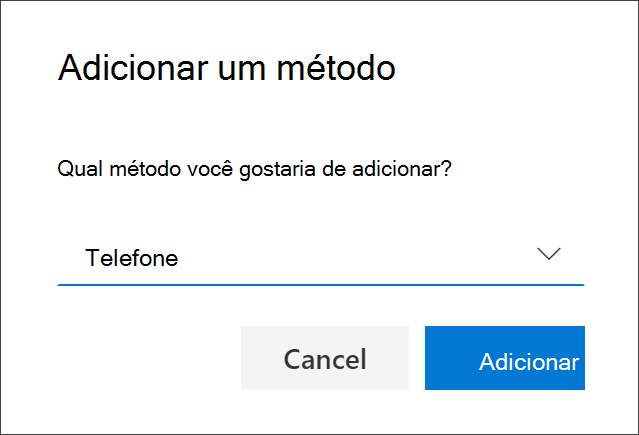 Caixa Adicionar método, com Telefone selecionado