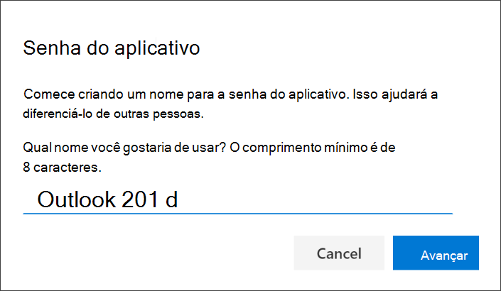 Captura de ecrã a mostrar a página Palavra-passe da aplicação, com o nome da aplicação introduzido