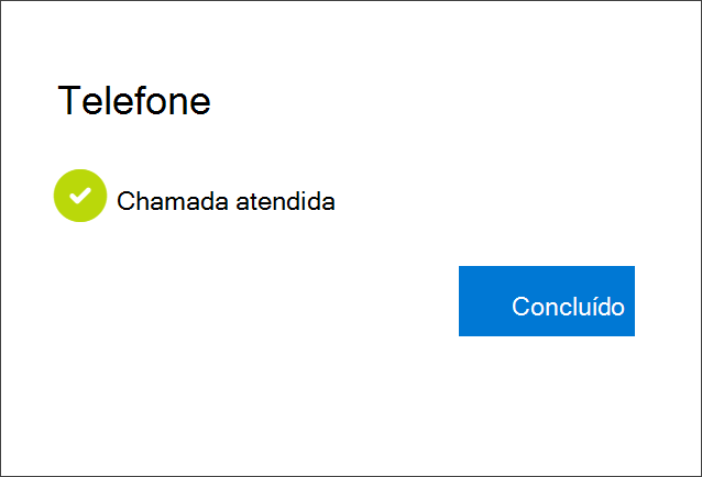 Notificação de êxito, conectando o número de telefone, a opção de receber chamadas telefônicas e sua conta