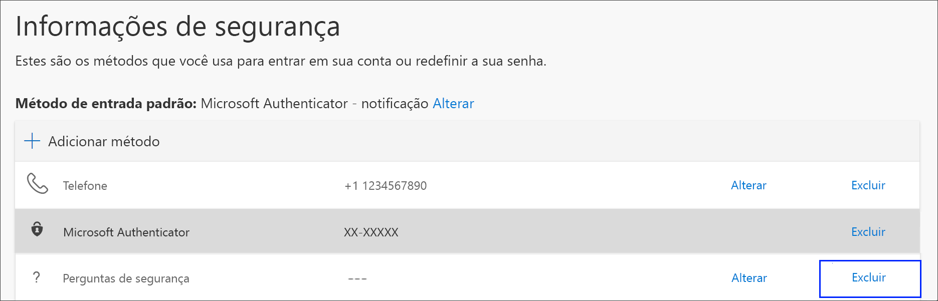 Link para excluir o método de telefone das informações de segurança