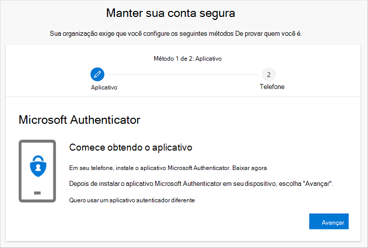 Manter o assistente seguro da conta, mostrando a página de download do aplicativo Authenticator