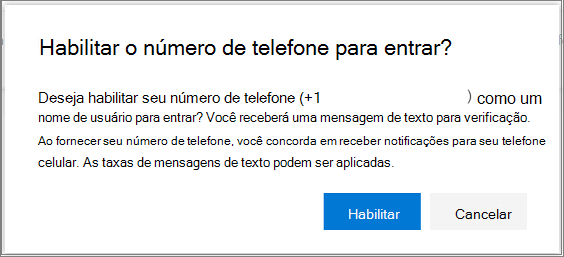 Caixa de diálogo de confirmação para habilitar a entrada através de SMS para um número de telefone