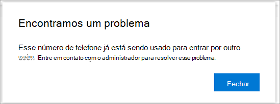 Mensagem de erro quando o número de telefone já está a ser utilizado]