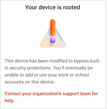 Uma captura de tela mostrando que um dispositivo está com a mensagem de aviso enraizada no Microsoft Authenticator.