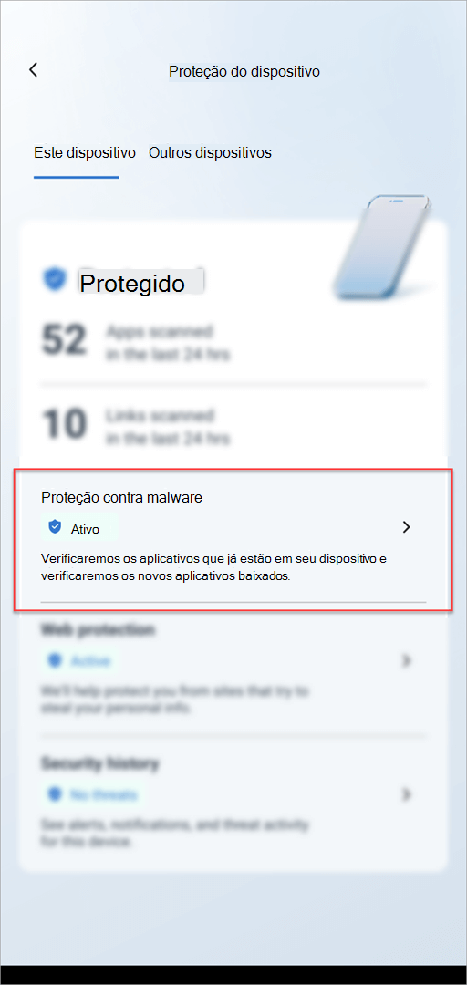 A proteção do dispositivo card no Microsoft Defender no Android mostrando a seção proteção contra malware realçada.