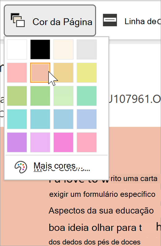 captura de tela do menu suspenso de cor da página para a leitura avançada. Uma paleta de cores é mostrada e o fundo visível atrás do menu suspenso é laranja pastel