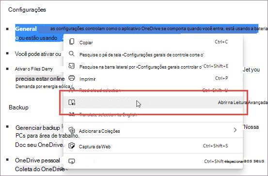 Insira Leitura Avançada por meio do menu de contexto.