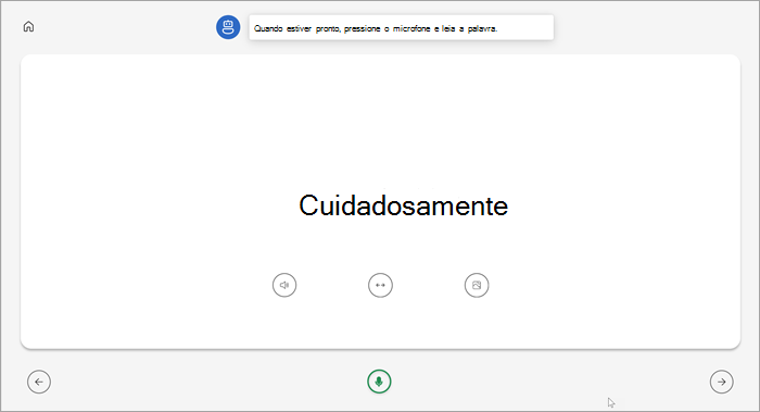 visualização em tela cheia da página dos alunos lendo o treinador. a palavra cuidadosamente é mostrada com botões para jogar a palavra, esticar a palavra ou ver uma imagem abaixo. um microfone verde está na parte inferior central da página.
