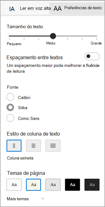 Preferências de Texto na Leitura Avançada do Microsoft Edge.