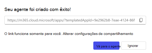 Captura de tela da opção de compartilhamento disponível na criação de um agente