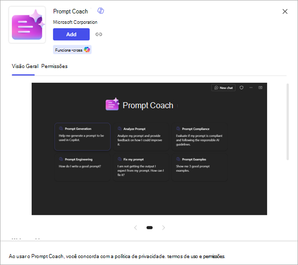 Captura de ecrã de uma aplicação a mostrar mais detalhes e a opção para adicioná-la ao Microsoft 365 Copilot.