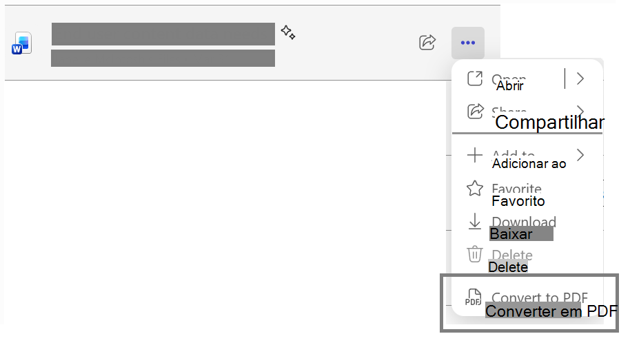 Item de menu a mostrar Converter em PDF
