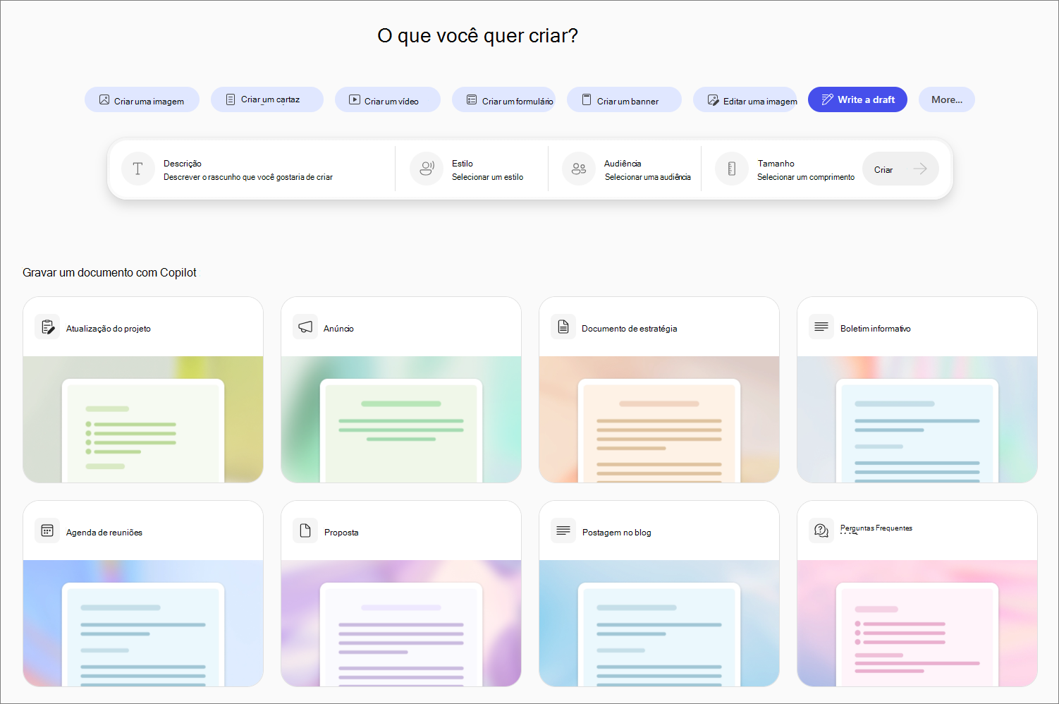 Escreva uma opção de rascunho em Criar Copilot.