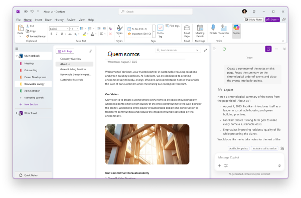 Captura de ecrã da página do OneNote a mostrar o painel Copilot Chat