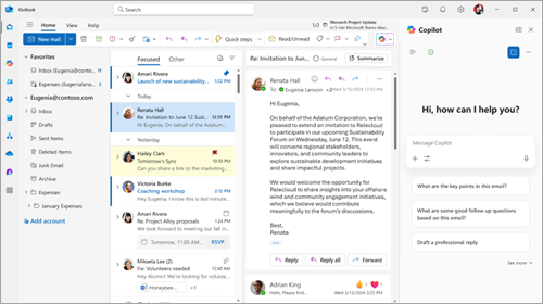 Captura de ecrã do Outlook a mostrar o painel Copilot Chat