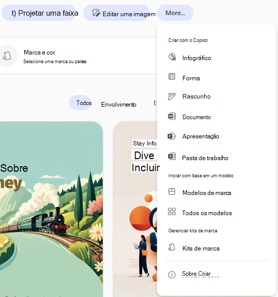captura de tela da interface do usuário para selecionar Mais do que Kits de marca no aplicativo Microsoft 365 Copilot.