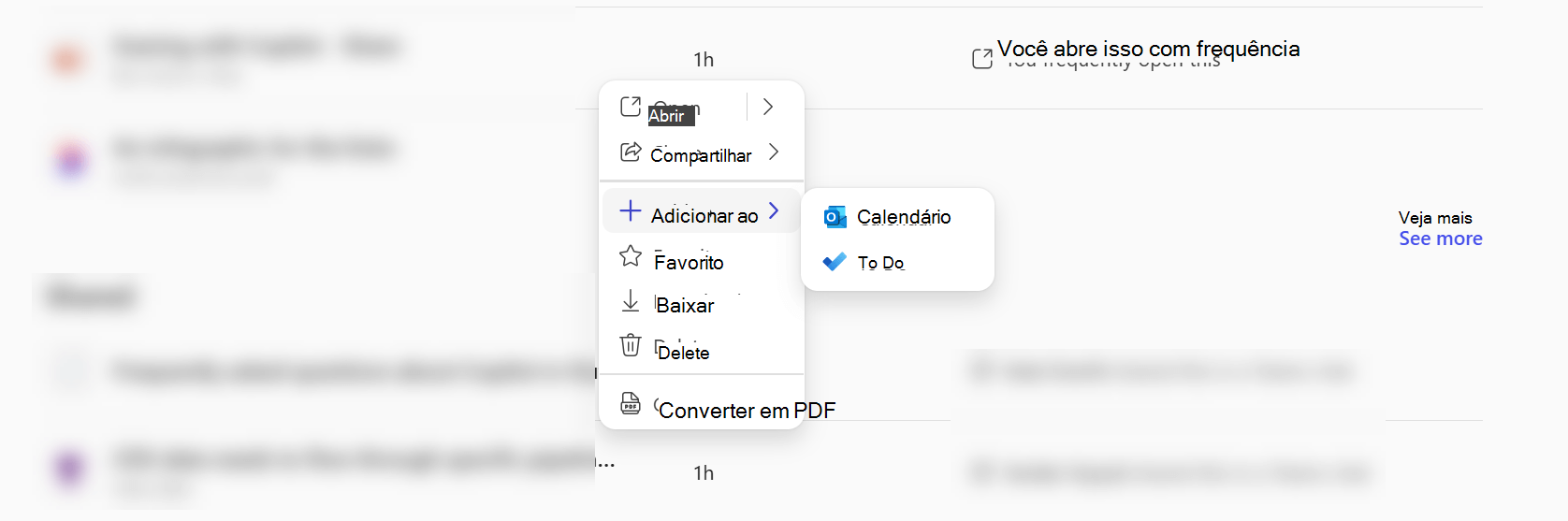 Um menu de contexto no aplicativo Microsoft 365 Copilot mostrando que você pode adicionar um arquivo a Calendar ou a Fazer.