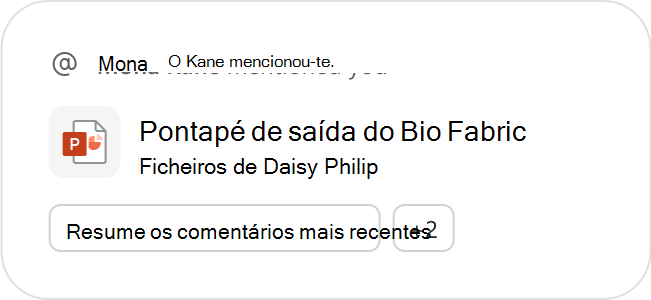 Um ficheiro do PowerPoint em destaque como um ficheiro recomendado, juntamente com pedidos de Copilot sugeridos para mais ações.