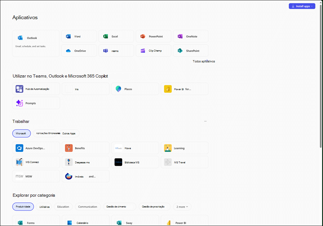O módulo Aplicações na aplicação Microsoft 365 Copilot.