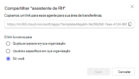 Uma captura de tela das opções para compartilhar um agente