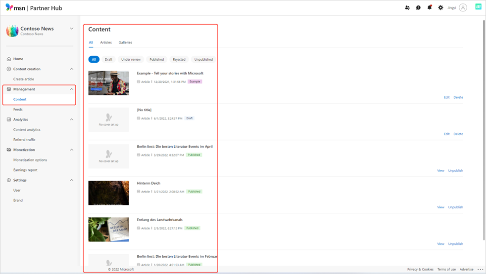 Verificando o status de postagem do MSN no Hub de Parceiros do MSN